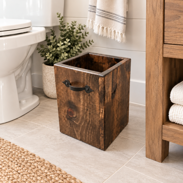 Rustic Distressed wooden wastebasket with metal pull handles