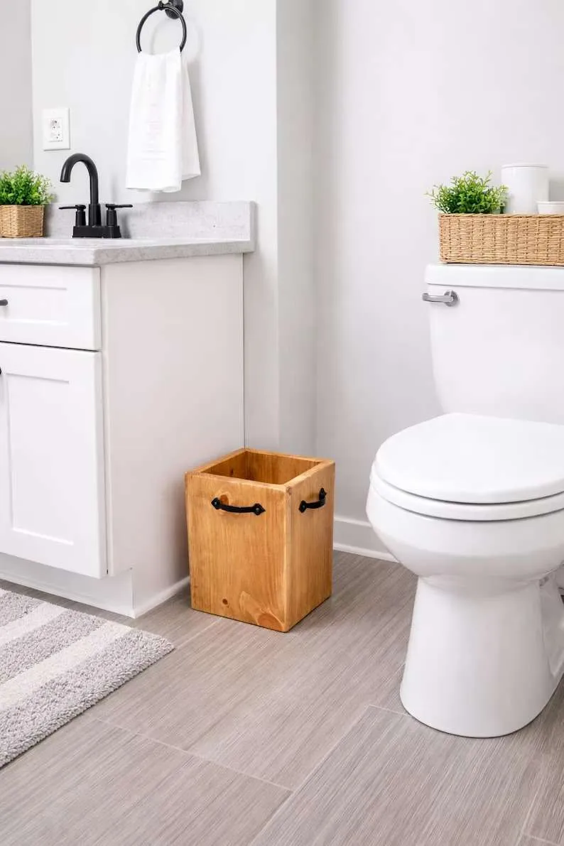 Small Wood Trash Can, Golden Oak Finish, Handmade Bathroom Wastebasket with Optional Handles - Image 3