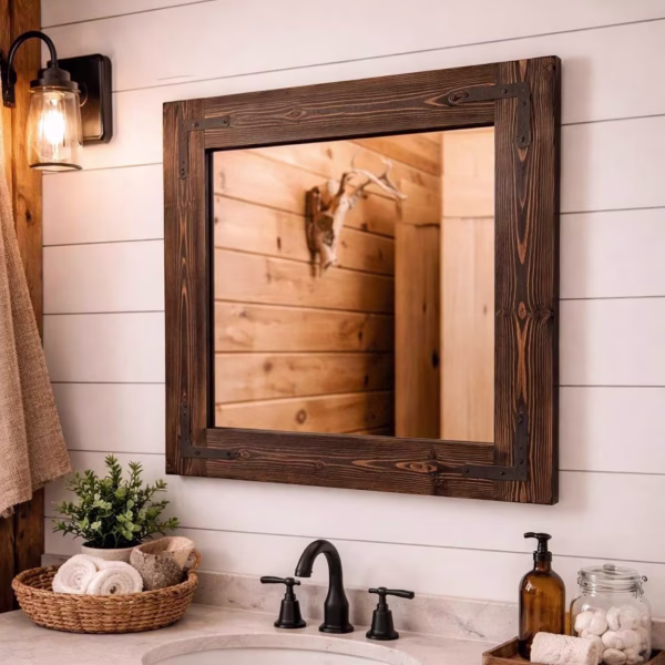 Coffee brown wood framed bathroom mirror without a shelf, with visible pine grain and metal corner brackets above a farmhouse vanity.